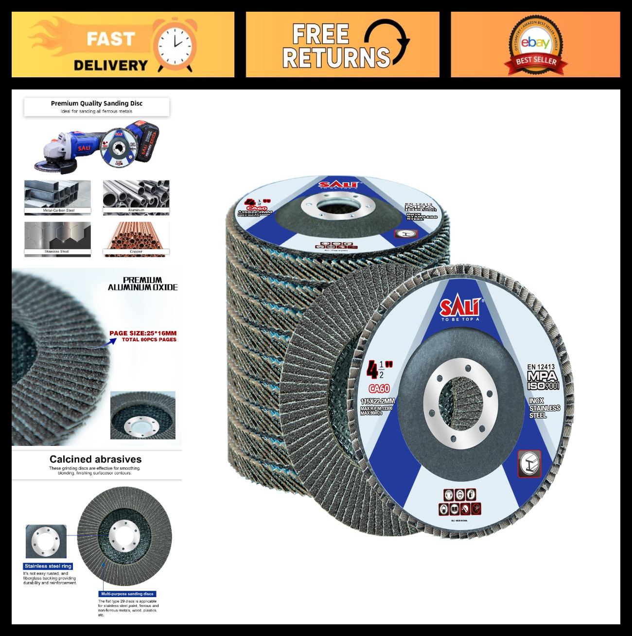 10 Pack 4.5″ x 7/8″ Flap Discs 60 Grit – Premium Angle Grinder Sanding Wheels