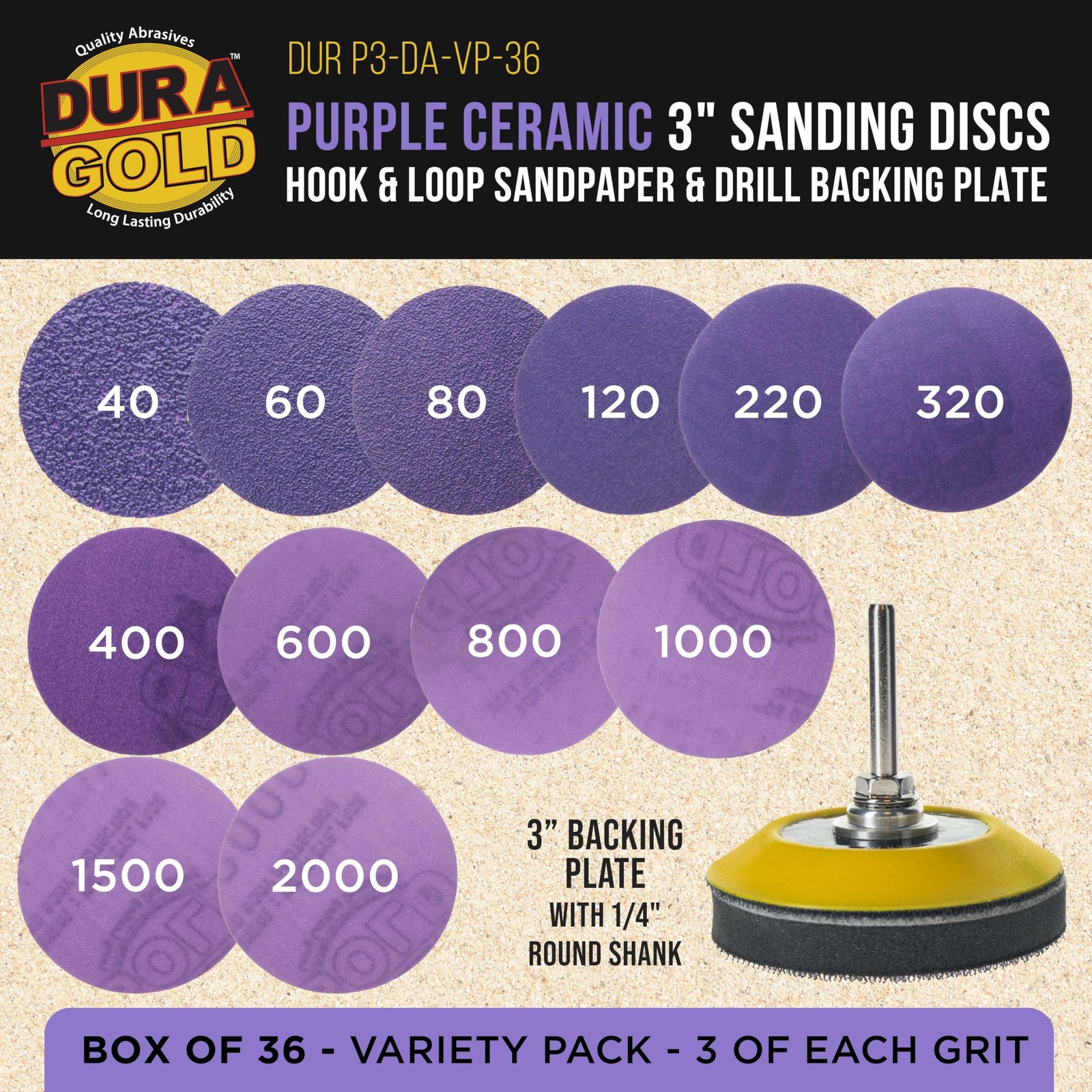 Premium 3″ Purple Film Ceramic Sanding Discs, 36 Disc Variety Pack, Grits 40,…