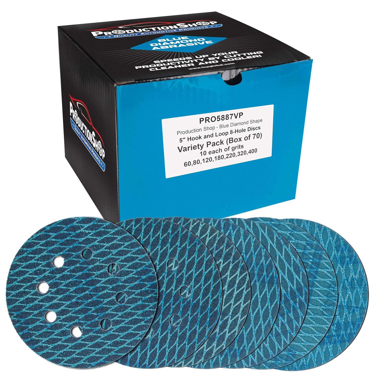 Premium 5″ Rhombus Diamond Shape Blue Sanding Discs, 8-Hole, 70 Disc Variety Pac