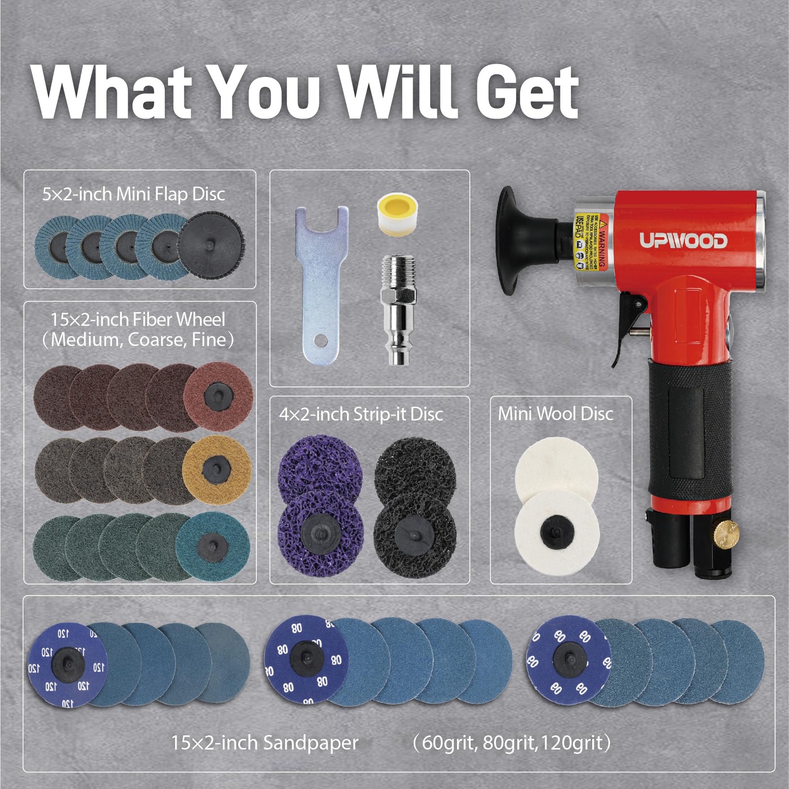UPWOOD 2-Inch Air Right Angle Sander Kit with 41 Roll Lock Discs Red,black