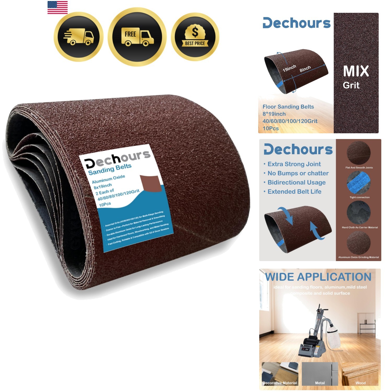 Sanding Belts Assorted Grits 40 60 80 100 120 10 Pack for Drum Sander Floors