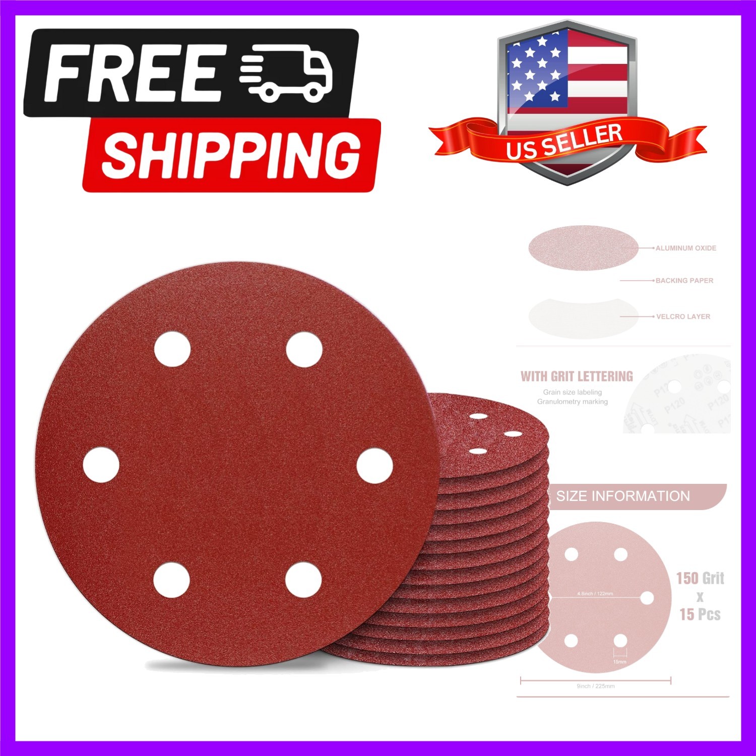 9 Inch 6 Hole Sanding Discs 150 Grit Hook and Loop for Drywall Sander 15PCS