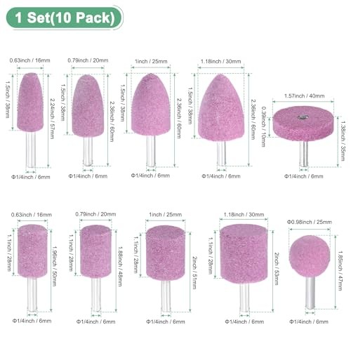 10-Pack Abrasive Mounted Stone Grinding Bits, 1/4 in(6mm) Shank Aluminum Pink