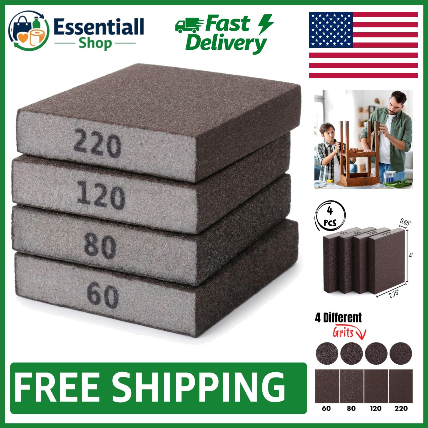 Bates 4-Pack Washable Sanding Sponges – Grits 60, 80, 120, 220 for Smooth Fin…