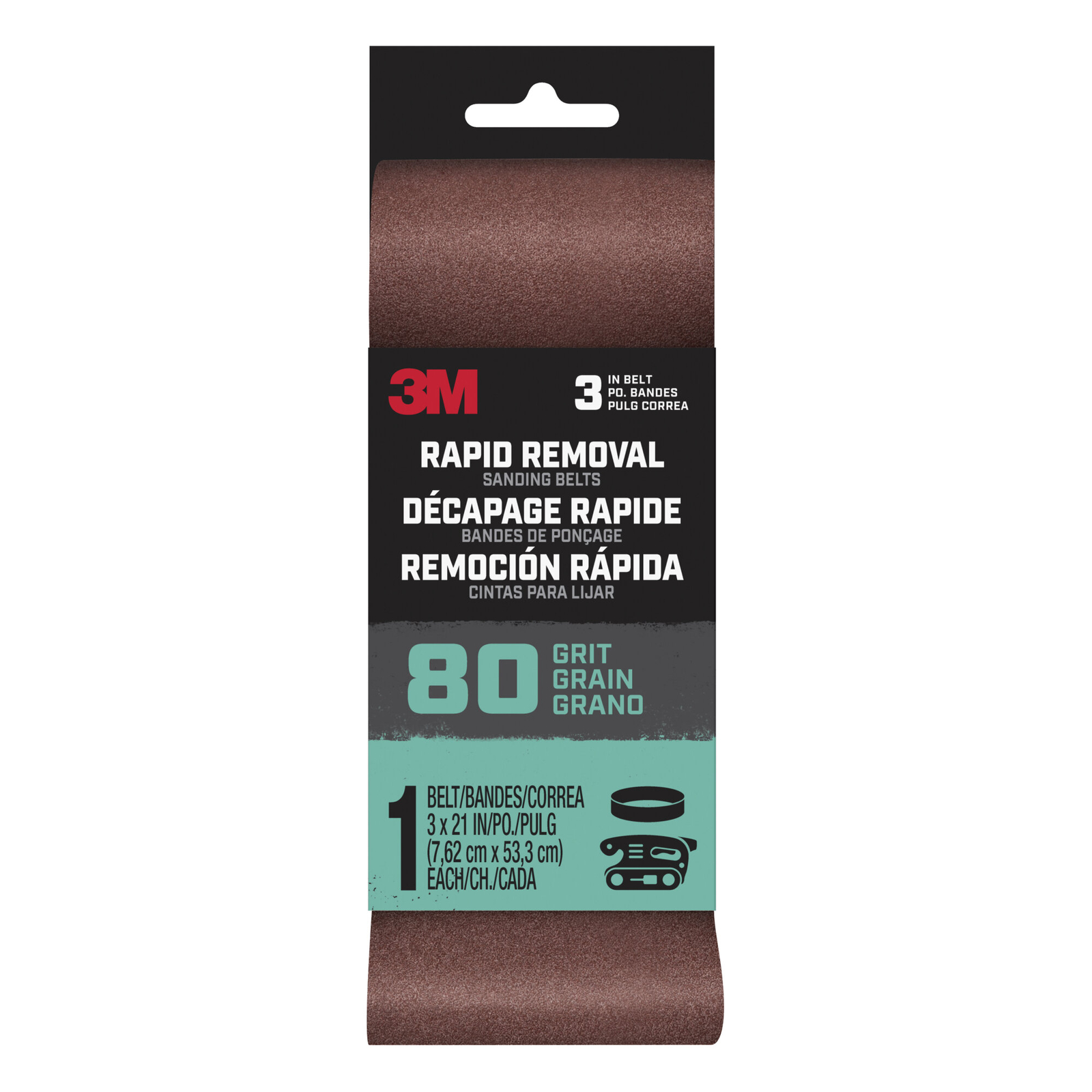3M Rapid Removal 3 x 21 inch Power Sanding Belt, 80 grit,Belt3x211pk80, 1 pk