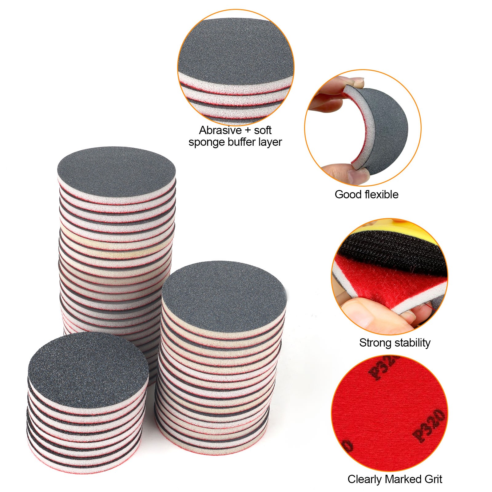 48PCS 3″Sanding Sponge Pads 80-3000 Grit Hook & Loop Wet Dry for Auto Wood Metal