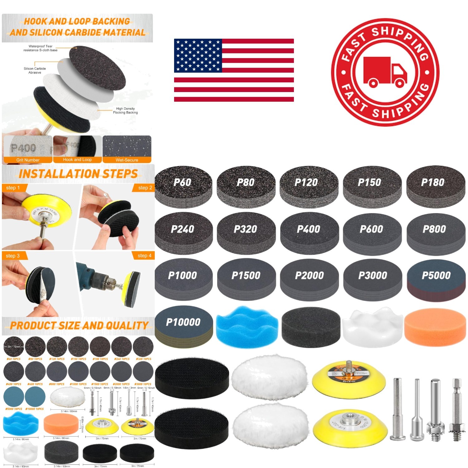 Durable 3 Inch Wet Dry Sanding Discs 174 Count Various Grits for All Surfaces