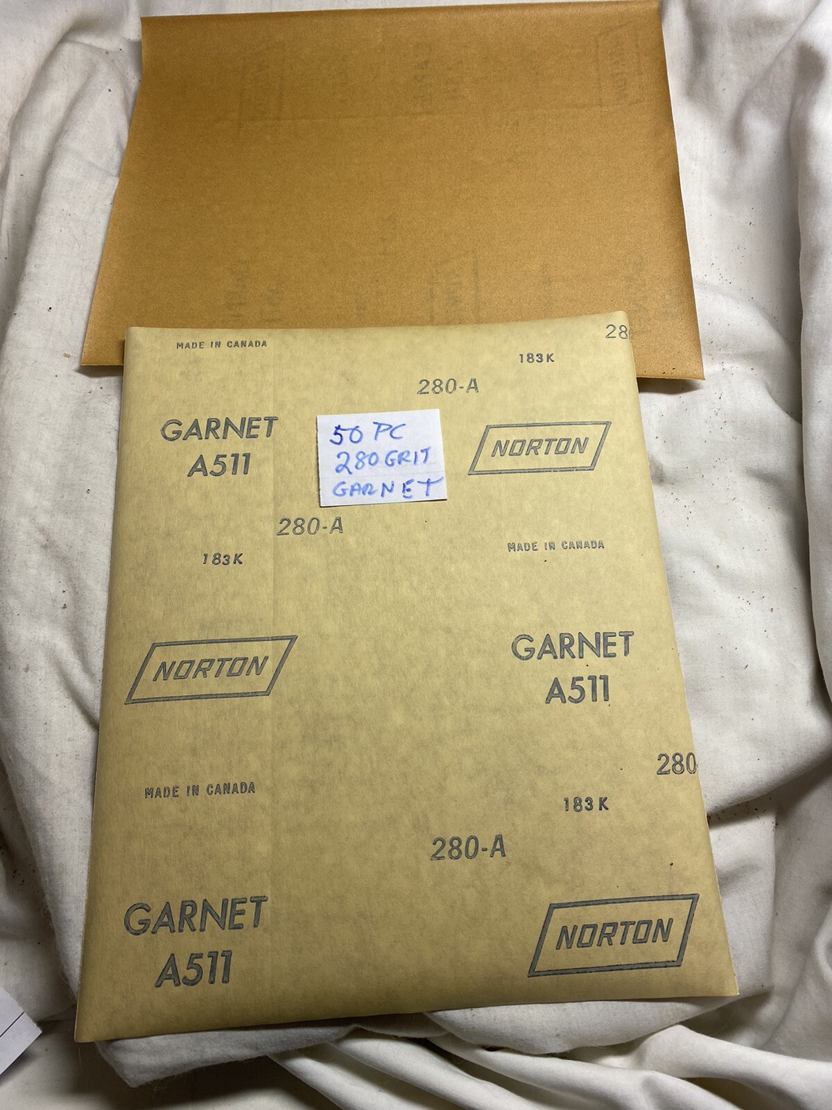 50 Sheets 9″x 11” 280 Grit Garnet Sandpaper Sheets Norton New Old Stock
