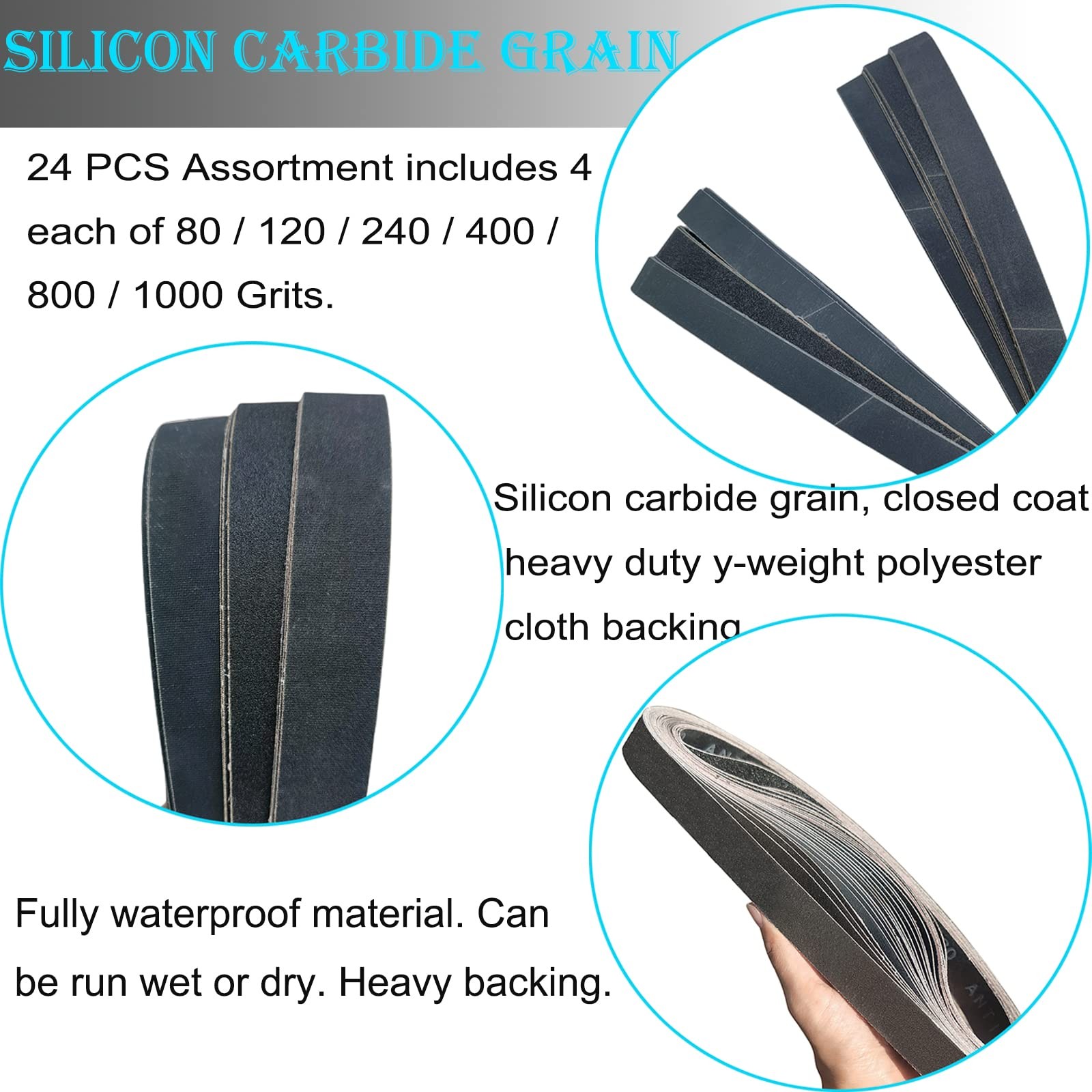 24 PCS 1 x 30 Inch Silicon Carbide Sanding Belts Assortment- 1 x 30, Black