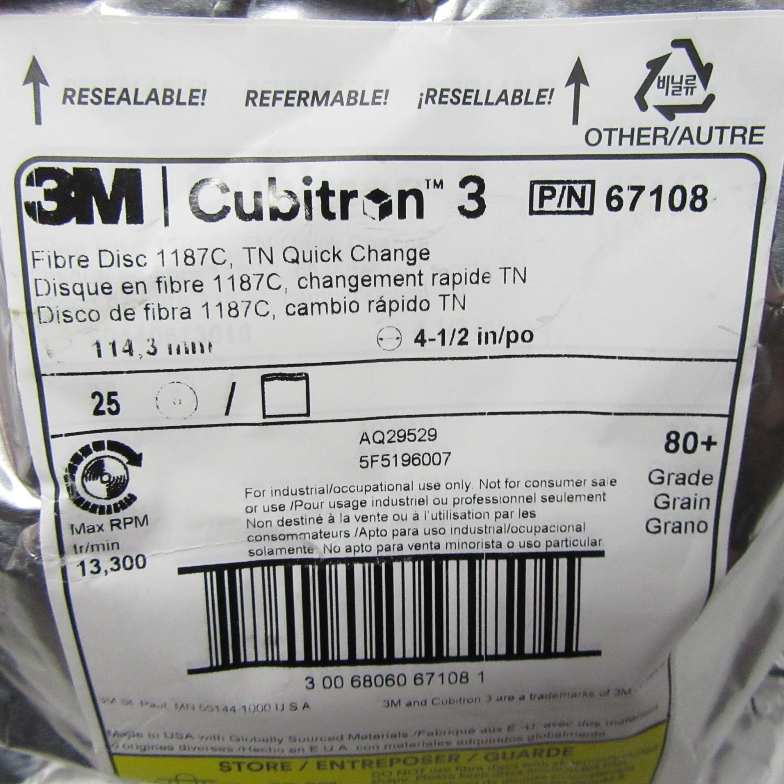 3M Cubitron 3 Fibre Disc 1187C TN Quick Change 67108 4-1/2″ 80+ Grit 25Pk