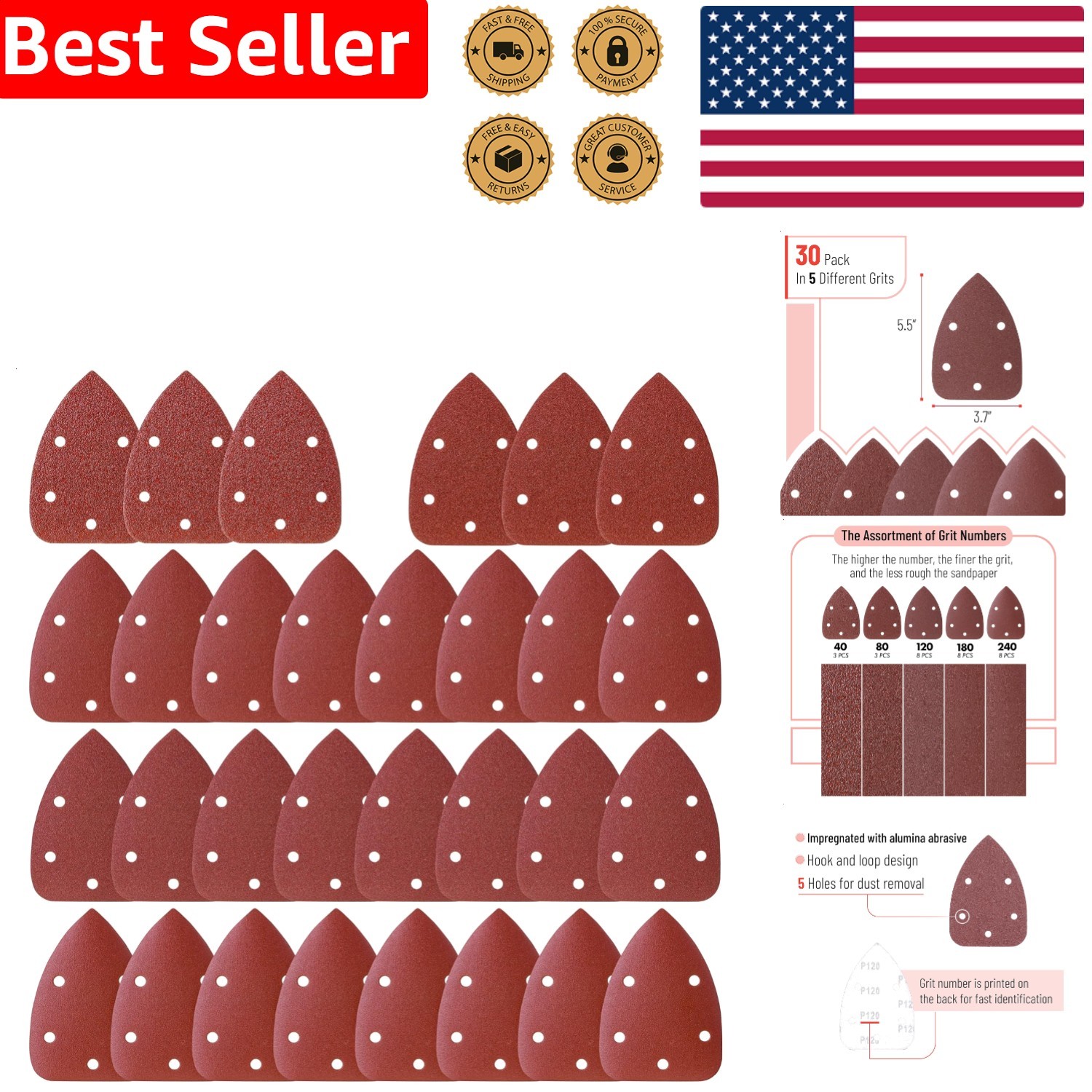 Bates Mouse Sander Sanding Pads 30 Pcs Assorted Grits 40-240 Hook Loop