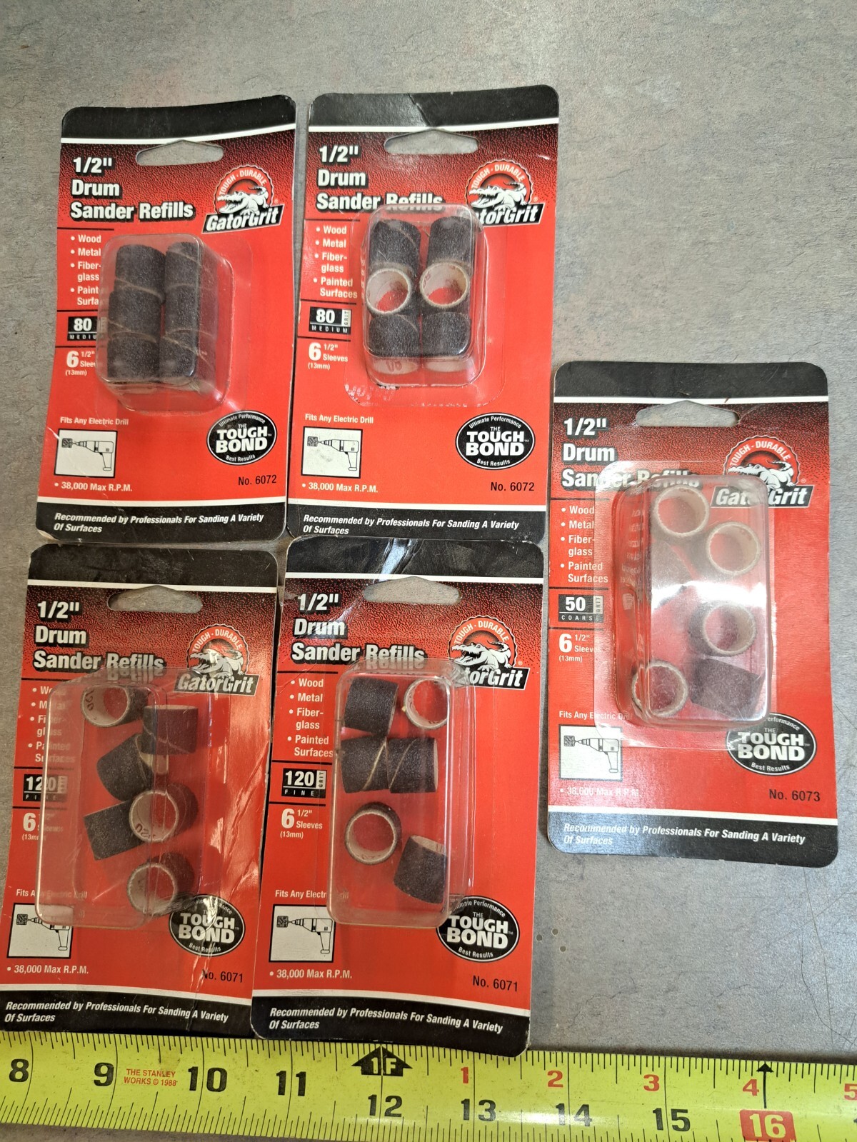 Lot of 5 6 packs of 1/2″ Drum Sander Refills GatorGrit 50, 2-80 & 2-120 Grit