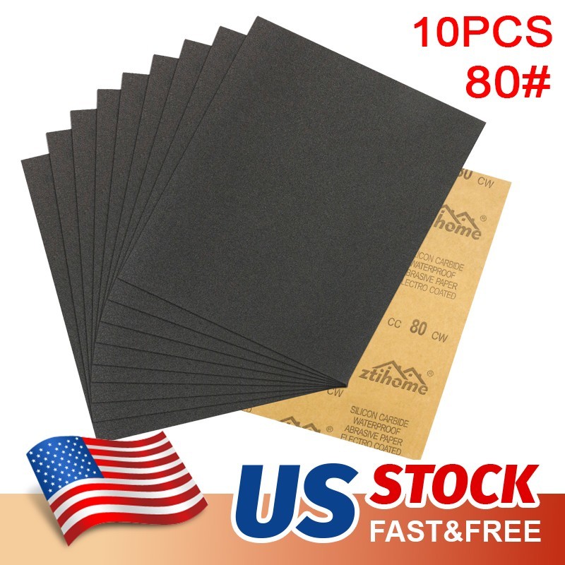 10Pcs Wet Dry Sandpaper Sheets Silicon Carbide 80 Grit Waterproof Automotive US