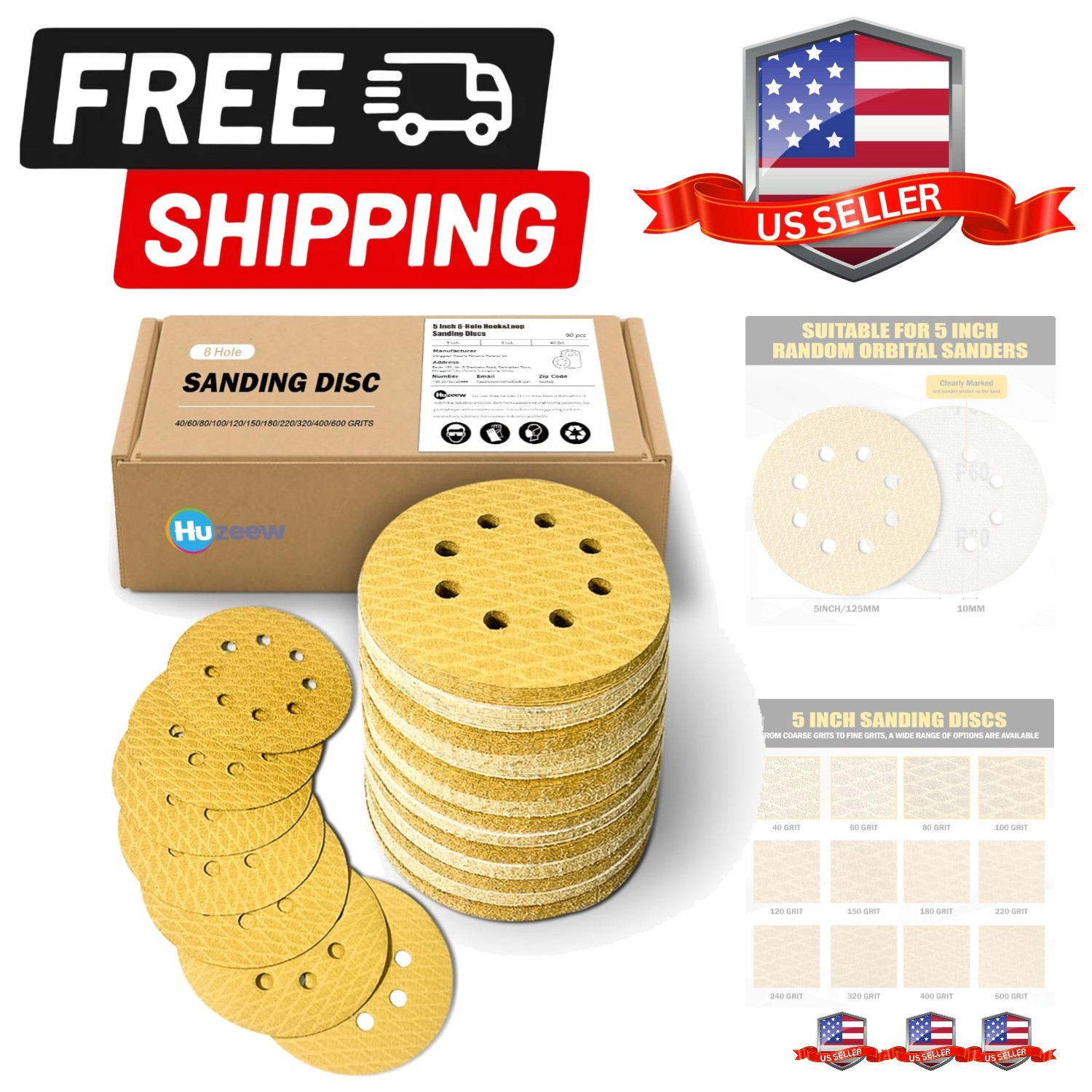 130Pcs 5 Inch 8-Hole Hook&Loop Sanding Discs, 220 Grit Diamond Yellow Sand, D…