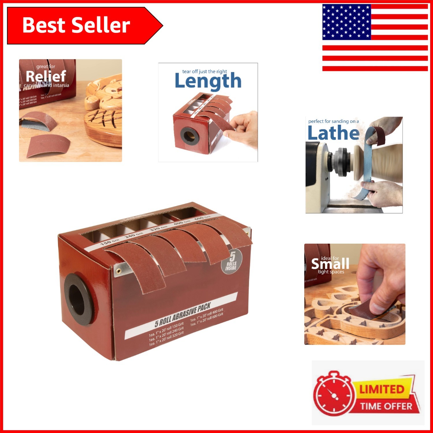 Compact Dispenser Box of Emery Cloth Sandpaper Rolls – 5 Grit Variety Included