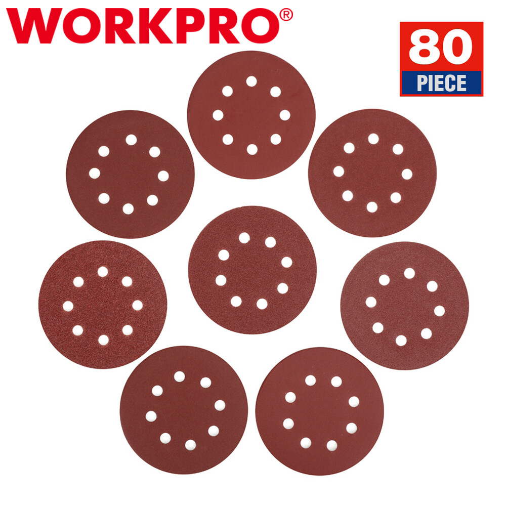 WORKPRO 80PC Sanding Disc 5-INCH 8-Hole Hook and Loop Disc 60-400Grits Sandpaper