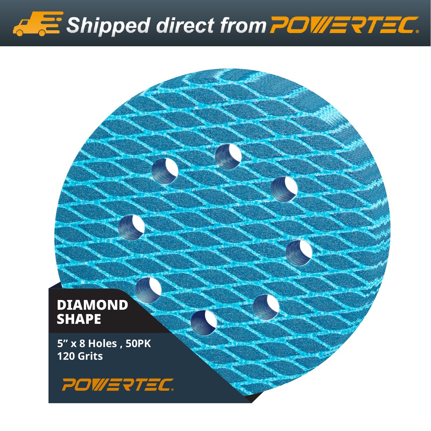 POWERTEC 5 Inch 8-Hole Hook and Loop Diamond Shaped Sanding Disc, 50PK, 120 Grit