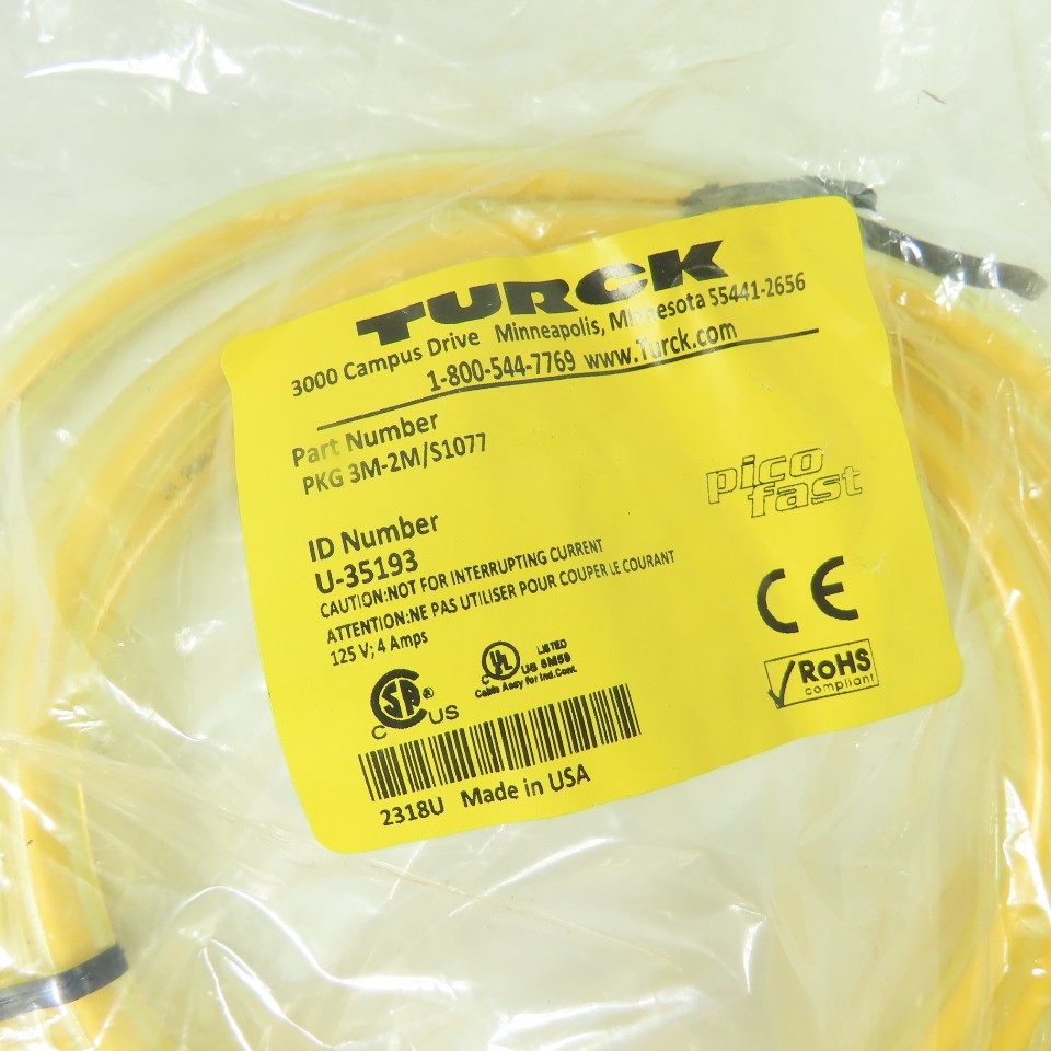 Turck U-35193 PKG 3M-2M/S1077 Pico Fast Cordset Cable 125V 4A 3-Pin Female