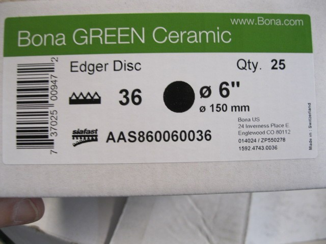 25pk,Bona Abrasives Green Ceramic Floor Edger Disc,6 Inch,36 Grit,AAS860060036