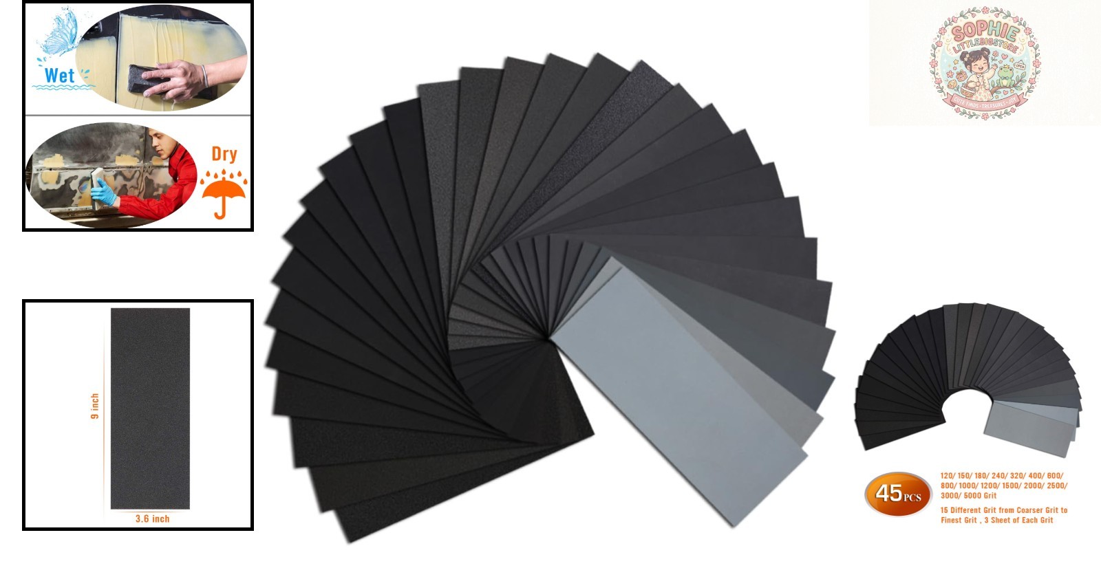 45PCS Wet & Dry Sandpaper Set – Silicon Carbide Assorted Grits 120-5000