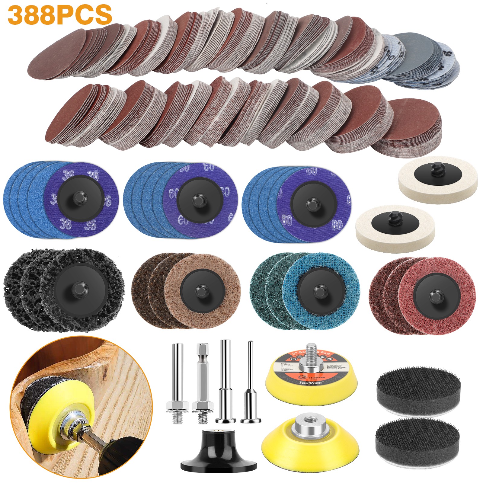 388Pcs 2 Inch Sanding Disc 1/8″ 1/4″ Shank Set for Drill Die Grinder Rotary Tool