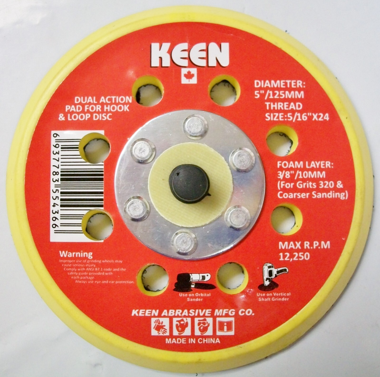 5″ x 5/16″ Dual Action Pad Hook & Loop, 8 Hole, Keen Abrasives #54366, Lot of 1