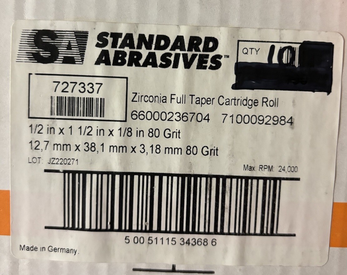 Standard Abrasives 1/2” Taper Cartridge Roll 727337 1/2X1-1/2X1/8 80G 10 Pcs