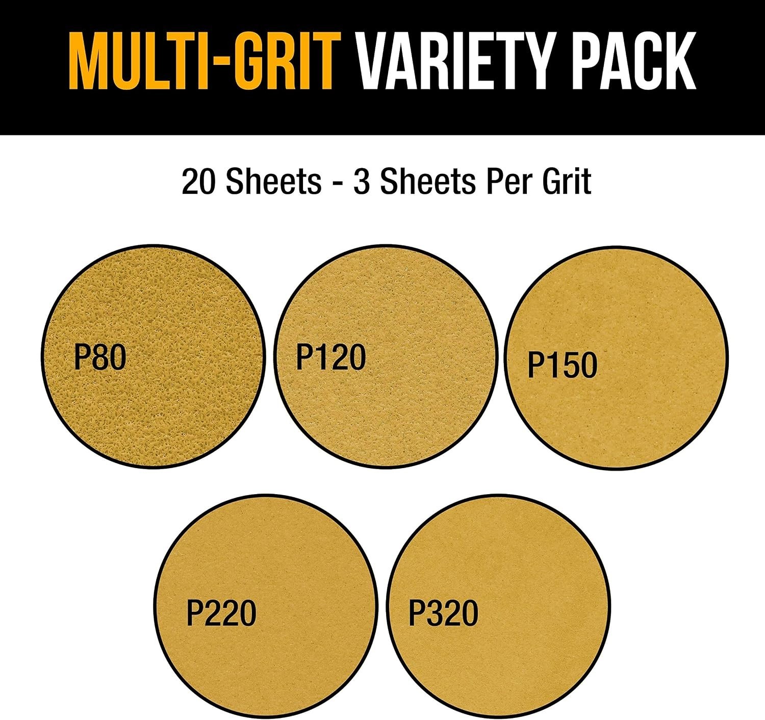 1/2 Sheet Size Gold Sandpaper with Hook & Loop Backing, 3 Each 80, 120, 150, …
