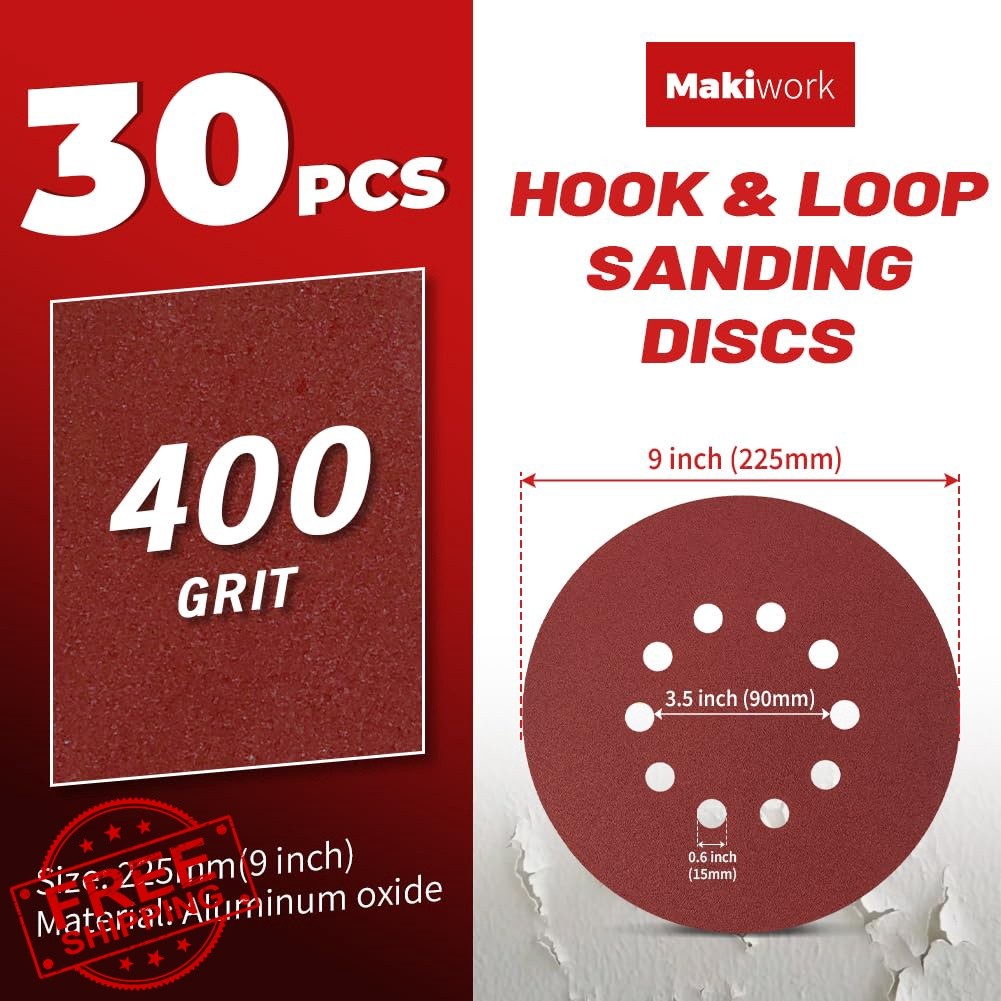 makiwork 400 grit 10-hole 9-inch sanding discs 30pc