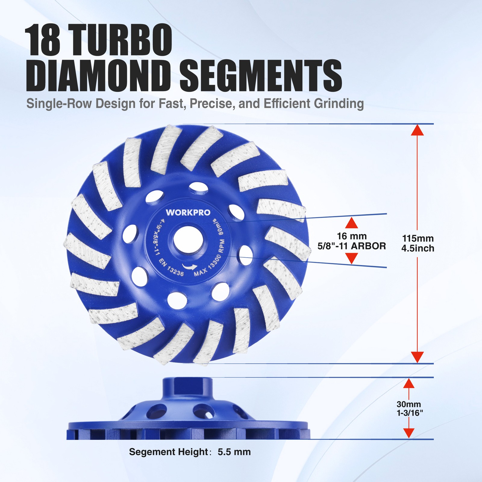 WORKPRO 4.5 Inch Diamond Wheel Cold Pressed Segmented Spiral Turbo Grinding Disc