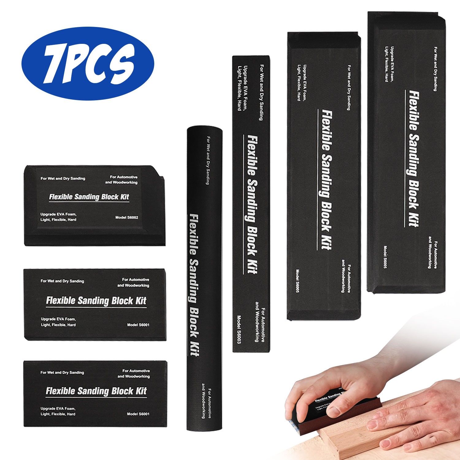 7Pc Sanding Block Kit Flexible EVA Foam Wet or Dry for Automotive or Woodwork