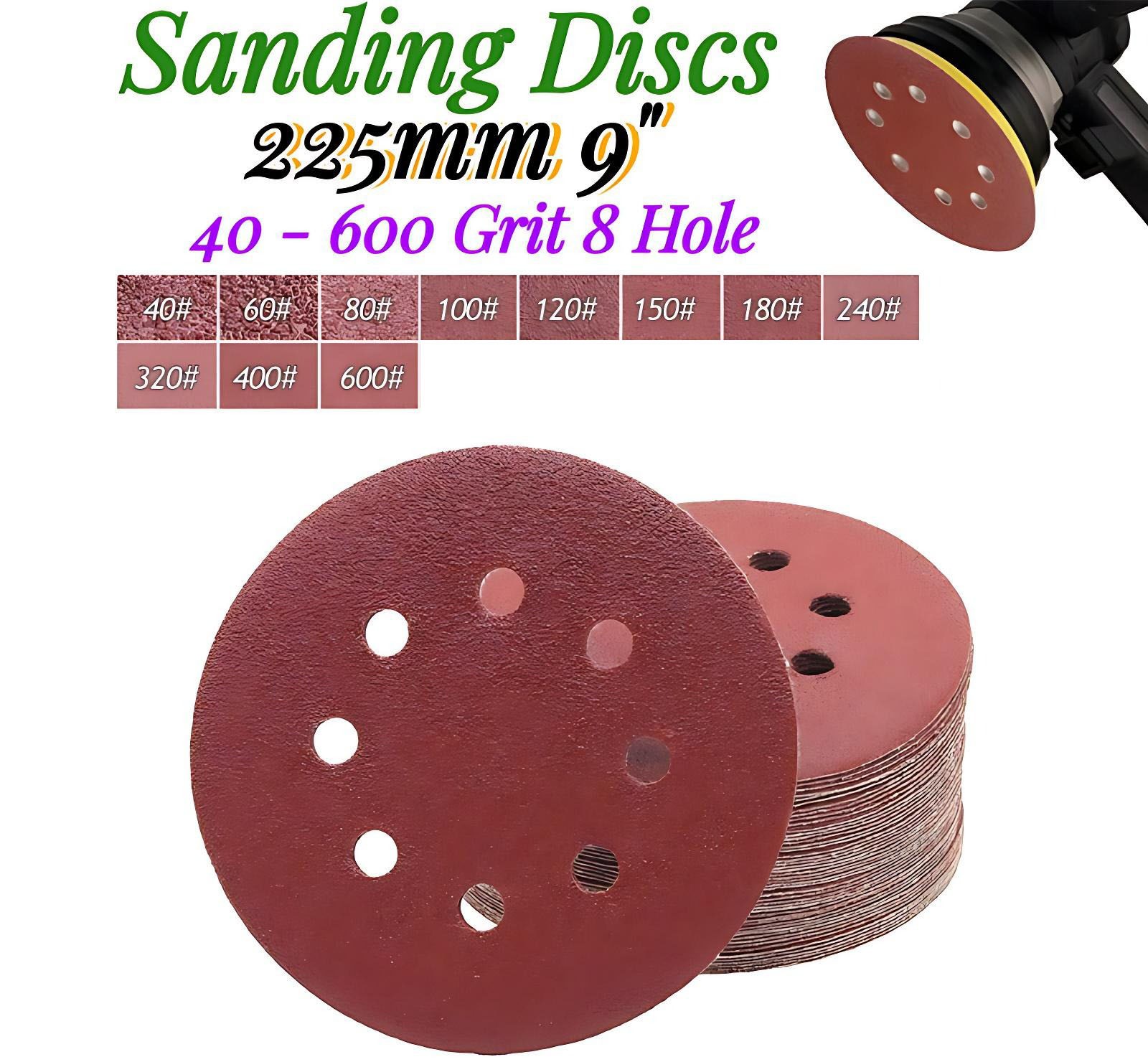 225mm 9″ Sanding Discs 40 – 600 Grit Orbital Sander 8 Hole Pads Premium quality