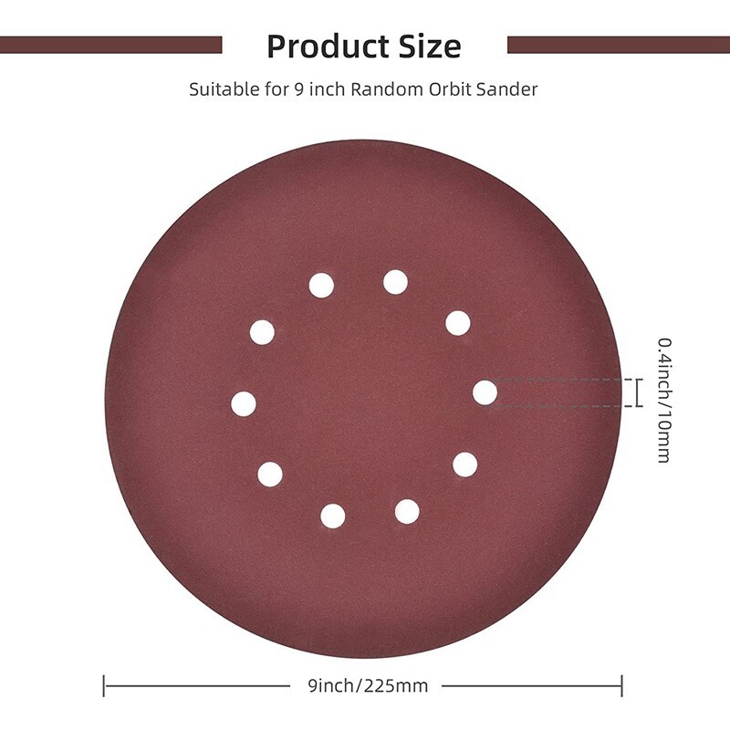 100 PCS 225mm Sanding Discs 10 Hole Hook and Loop Sanding Discs 150-240 Grit