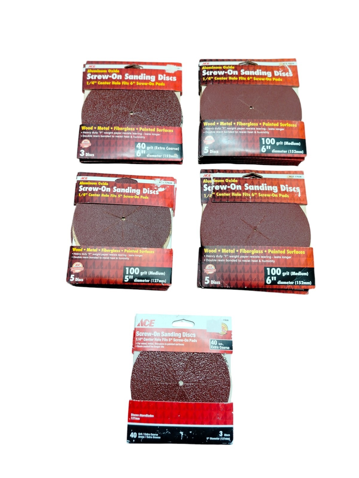 ACE Screw On Sanding Disc Lot of 25 packages 5 Discs Per Package 40 100 150 Grit