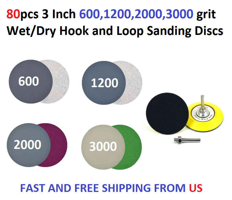 80pcs 3 Inch 600,1200,2000,3000 grit Wet/Dry Hook and Loop Sanding Discs