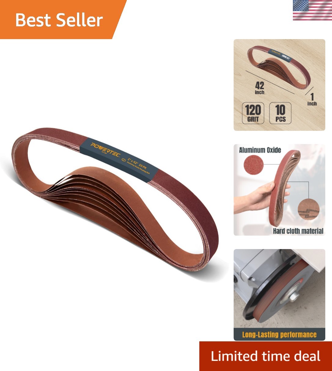 Versatile 10-Pack 1 x 42 Inch Sanding Belts, 120 Grit for All-Pro Sander Types