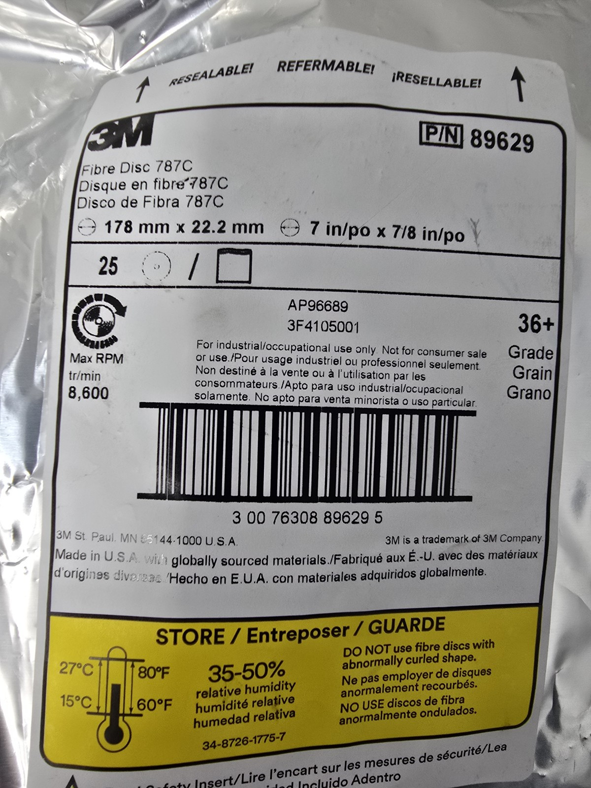 3M #89629 Fibre Disc 787C 36+ Grit 7″ x 7/8″, 25pk – New & Sealed