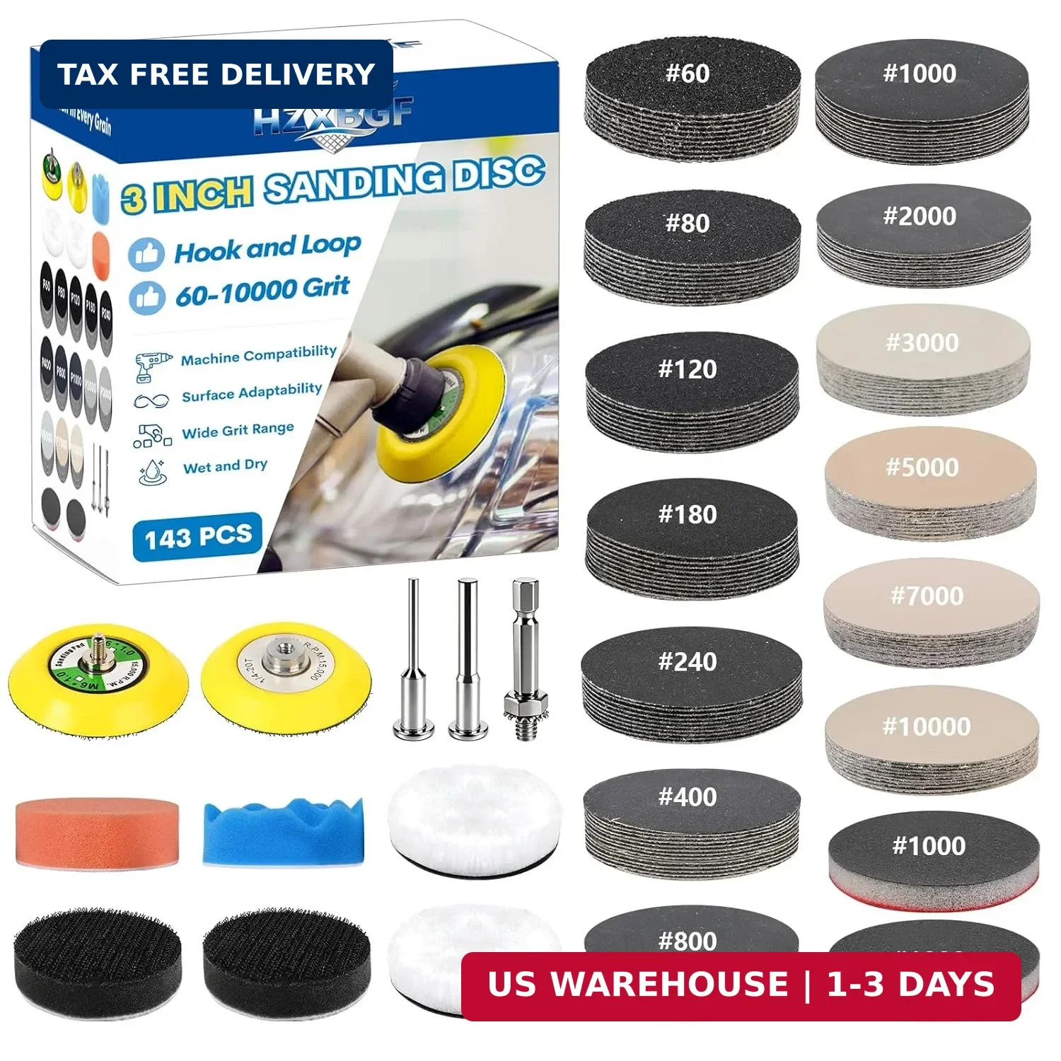 143 PCS 3 Inch 60-10000 Grit Headlight Restoration Kit, Wet Dry Hook and Loop Sa