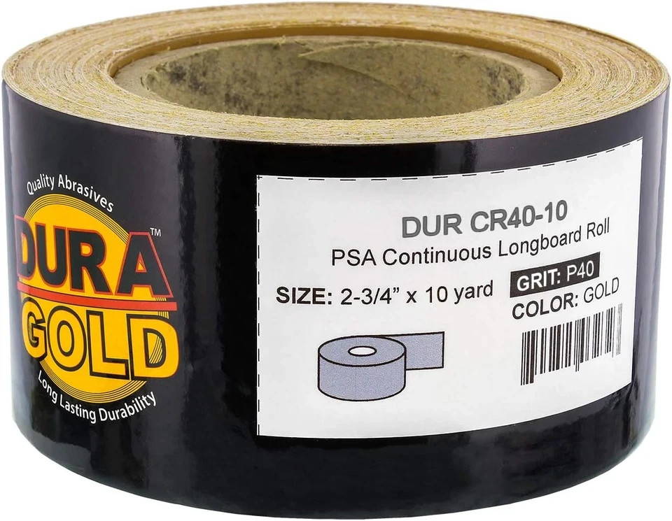 Dura-Gold Premium Gold 40 Grit PSA Longboard Sandpaper, 10 Yard Roll, 2-3/4″ Wid