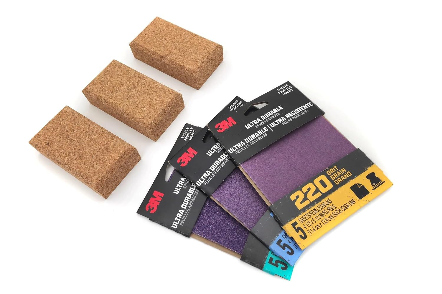 Cork Sanding Block Set with 15 Durable Sandpaper Sheets – 3 Blocks Included