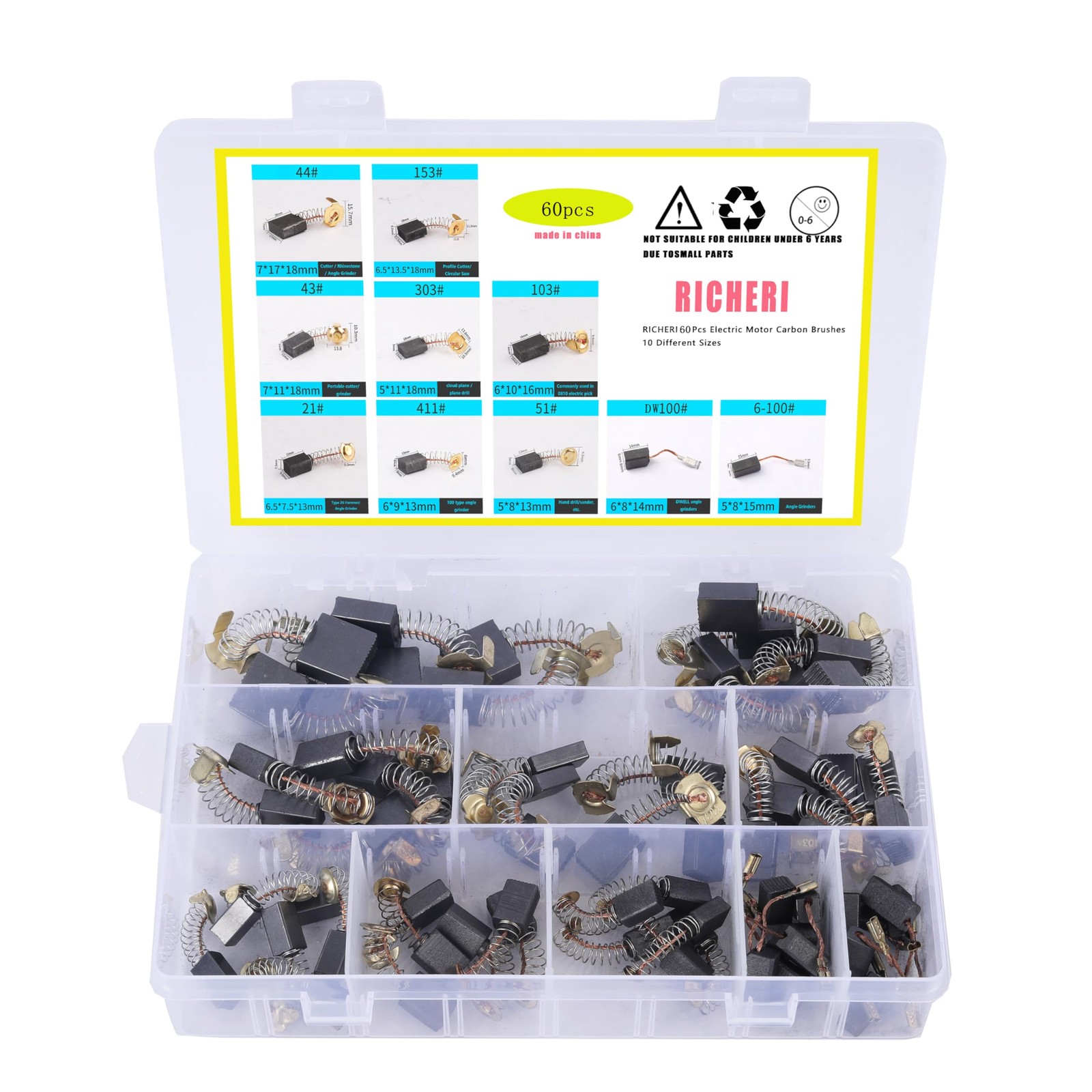 RICHERI 60 Pcs Electric Motor Carbon Brushes 10 Different Sizes for BLACK