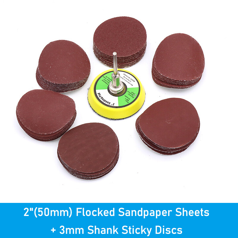 2″(50mm) Flocked Sandpaper Sheets + 3mm Shank Sticky Discs Grinding Polishing