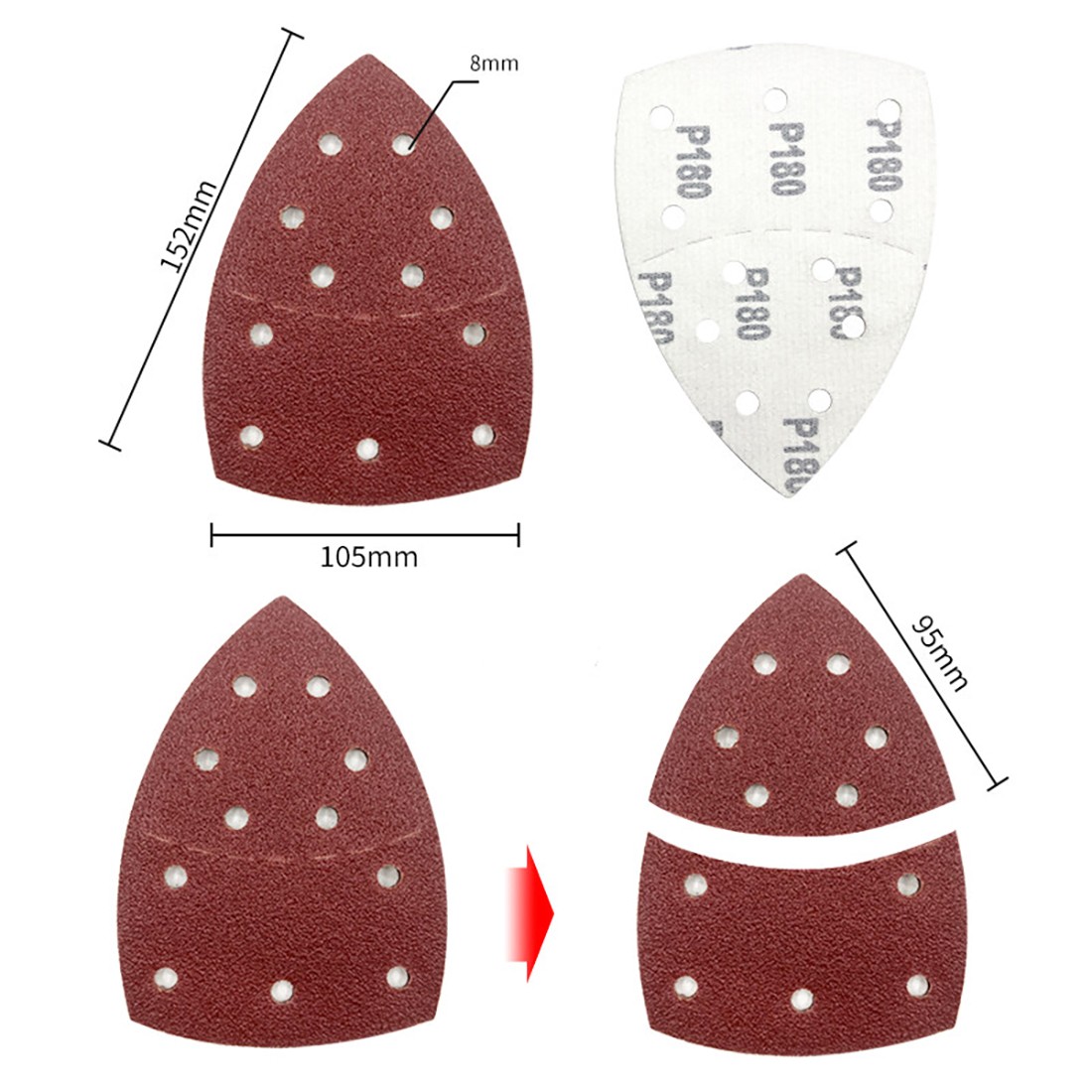 P40-P320 Sanding Sheets Hook&Loop Triangle Palm Sander Pads Sandpaper 11 Hole