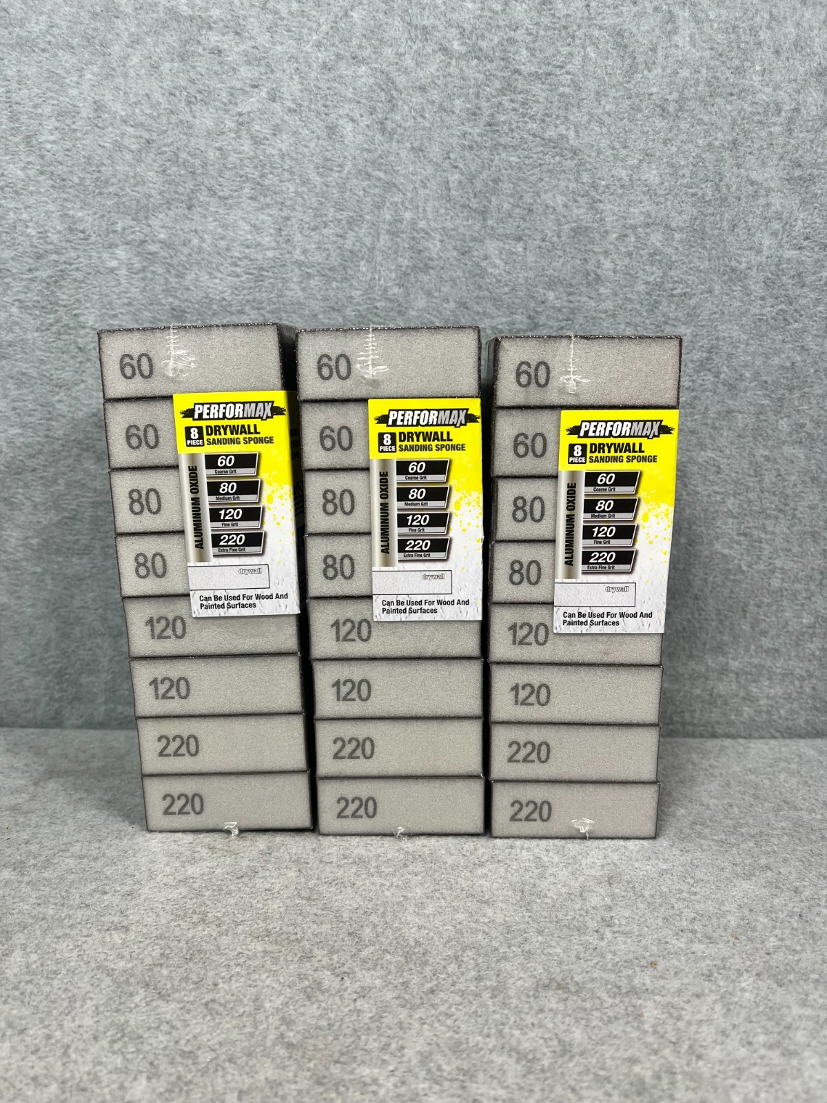 Lot of 3 Performax 8-Piece Drywall Sanding Sponge Set – 60, 80, 120 & 220 Grit