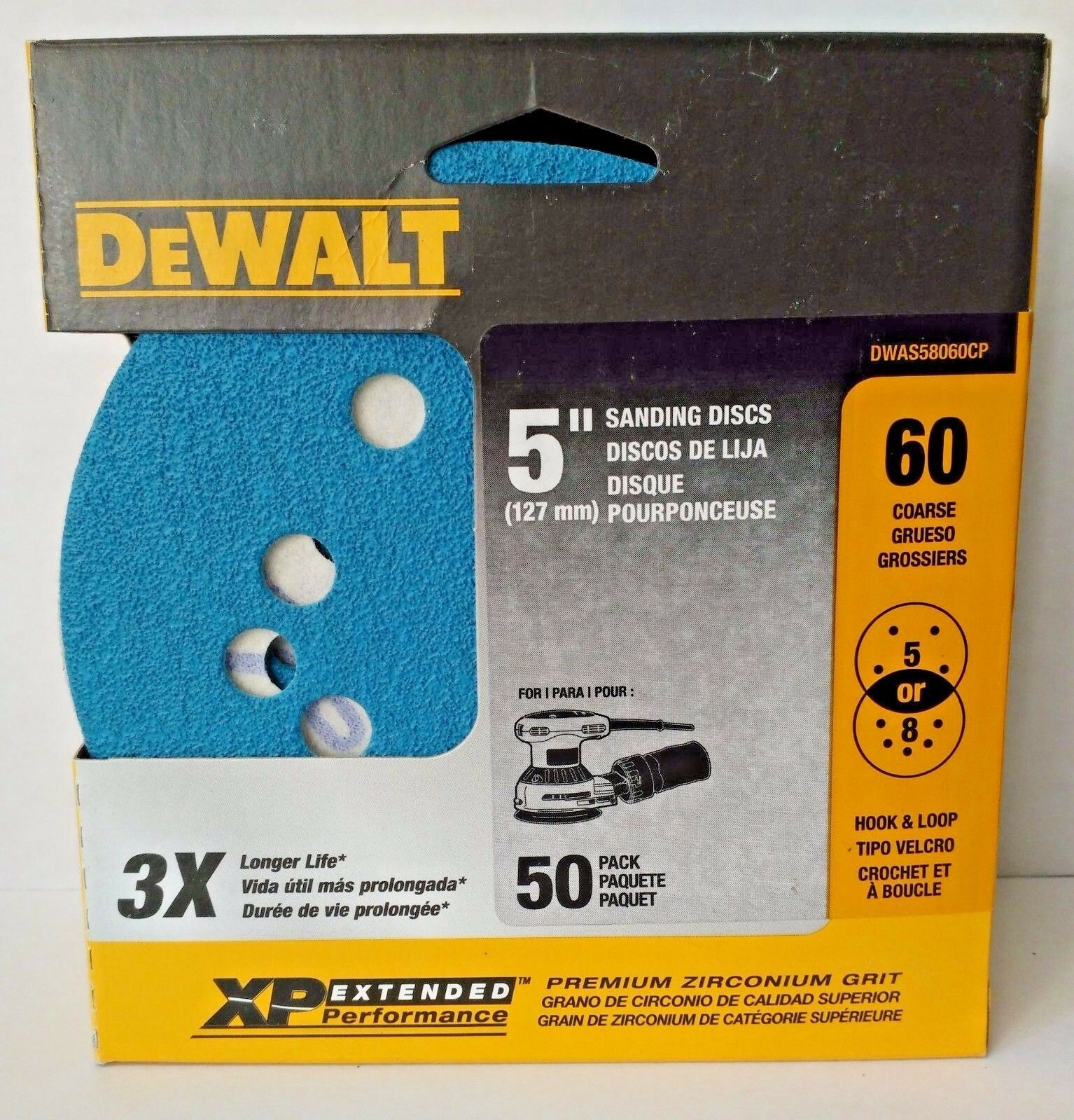 Dewalt DWAS58060CP 5″ 60 Grit Zirconium Sanding Discs H&L 5 or 8 Hole 50 Pack