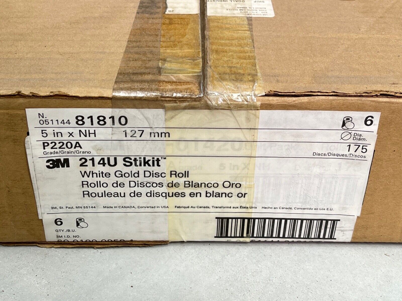 1 new 3M 81810 214U Stikit (5″ x NH) P220A White Gold, 175 Sanding Discs/Roll