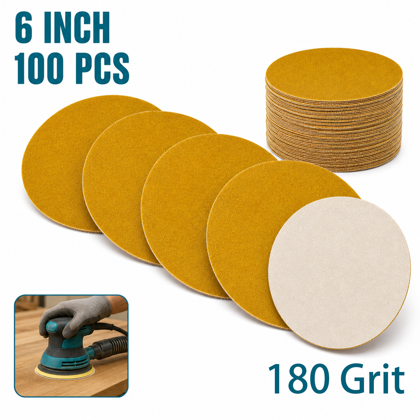 100Pcs 6 Inch Hook Loop Sanding Discs 180 Grit Orbital Sander Sandpaper Gold
