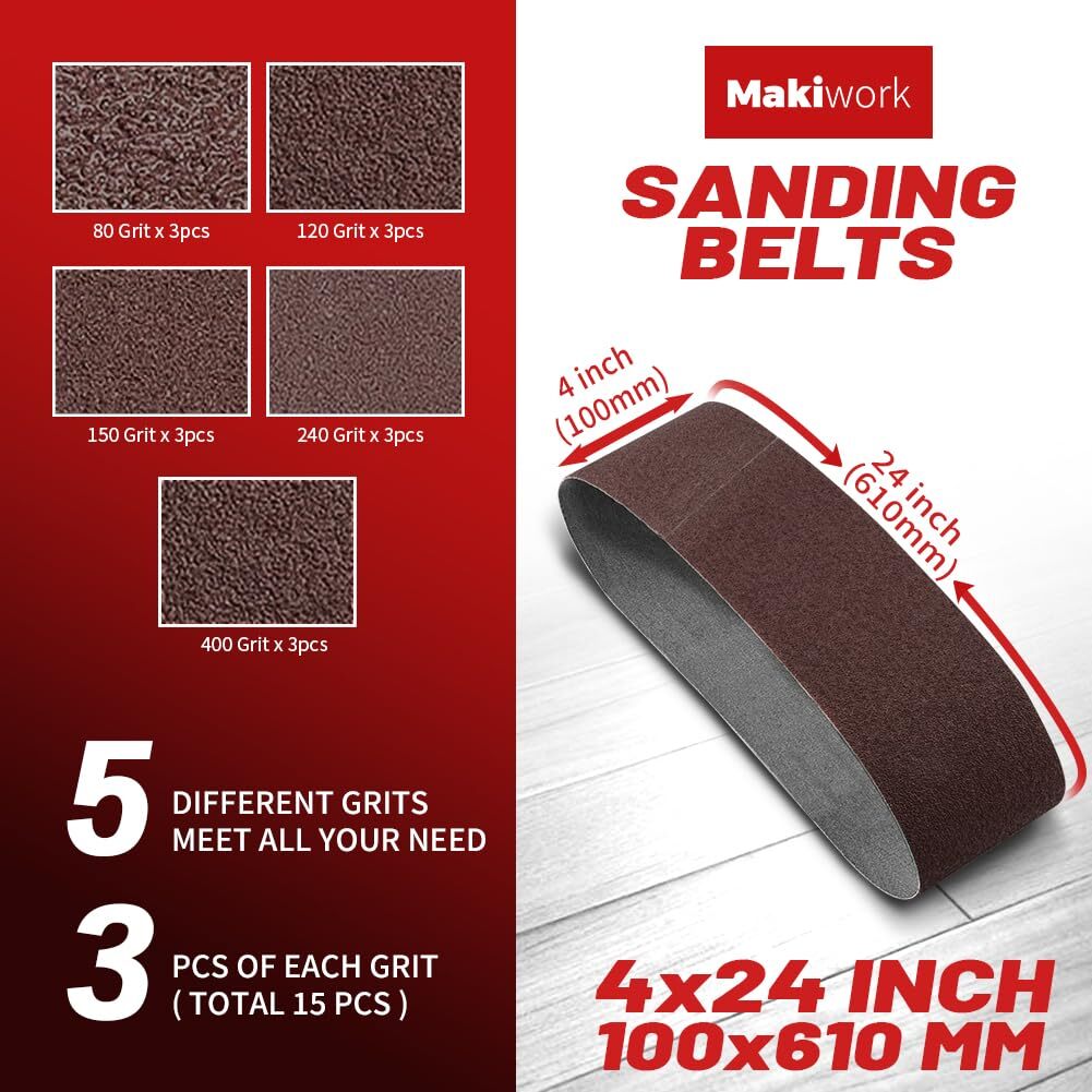 15 Pack 4 x 24″ 100x610mm Sanding Belts Set 80-400 Grit Aluminum Oxide