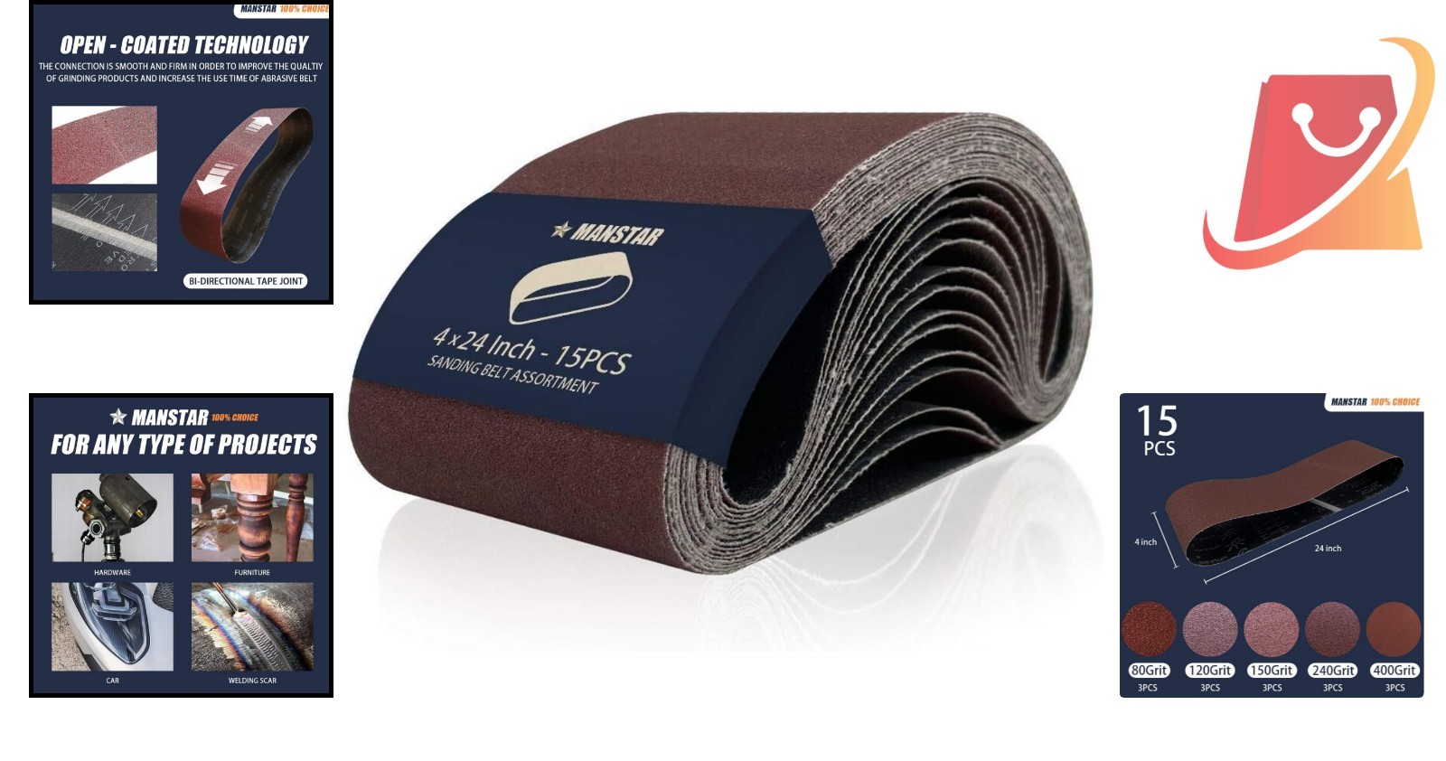 15 pcs Aluminum Oxide Sanding Belts 4x24in Assorted Grits for Wood Metal Plastic