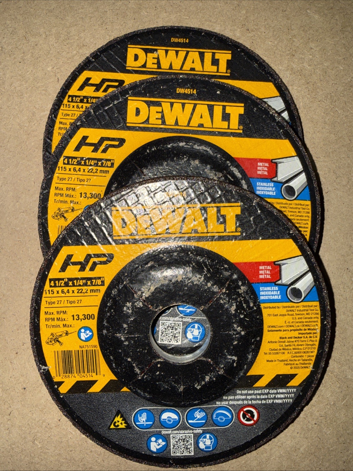 3 Pack – DeWalt HP DW4514 Metal Grinding Wheel Type 27 4-1/2in x 1/4in x 7/8in